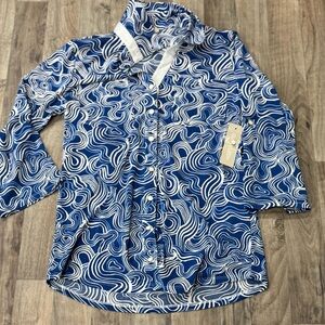 Sunny Leigh Women's Size S Blue White 3/4 Sleeve Button Front Shirt NWT MSRP $54